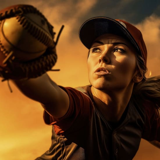 A female baseball player, wearing a dark uniform and cap, reaches out with her gloved hand to catch a baseball. The sky behind her is orange and dramatic, giving the scene an intense and dynamic atmosphere.