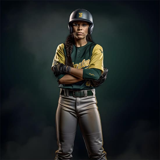 A softball player stands confidently with arms crossed, wearing a dark green and yellow jersey, gray pants, black gloves, and a black helmet. The background is dark and blurred, emphasizing the athlete's focused and determined expression.