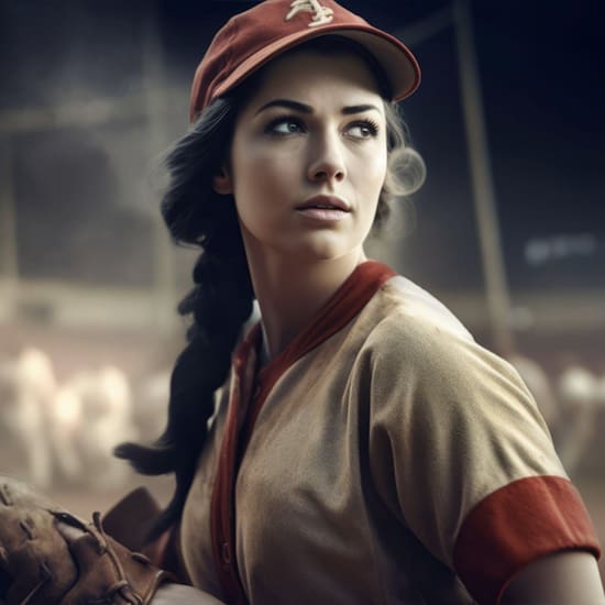A woman in a vintage baseball uniform is looking to the side. She wears a red cap and a tan jersey with red accents. Her hair is braided, and she holds a baseball glove. The background is blurred, suggesting a stadium or sports field setting.