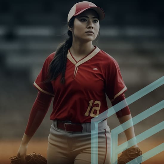 A young woman wearing a red baseball jersey with the number 12, a matching cap, and grey pants holds a glove. She stands on a field, with bleachers blurred in the background, looking focused and determined.