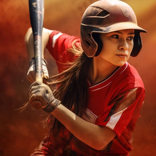 A determined softball player in a red uniform and helmet grips a bat, focusing on the pitcher with intense concentration. The background is a vibrant, warm-toned blur, emphasizing the athlete's readiness and the game's dynamic energy.