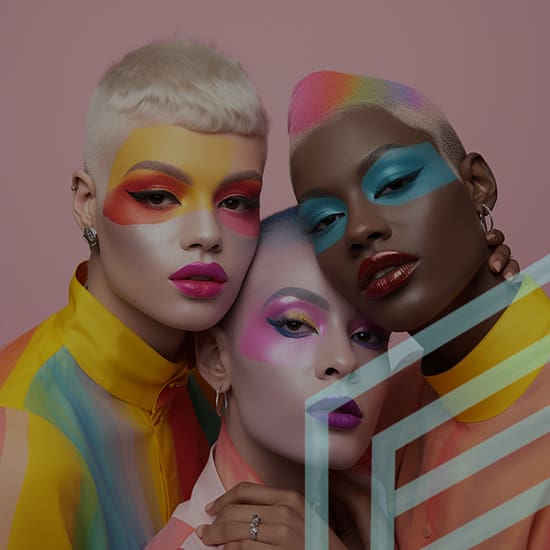 Three people with vibrantly colored makeup and geometric face paint pose closely together against a pink backdrop. One person has bright yellow and red makeup, another has purple and pink, and the third has blue. They wear coordinating colorful clothing.