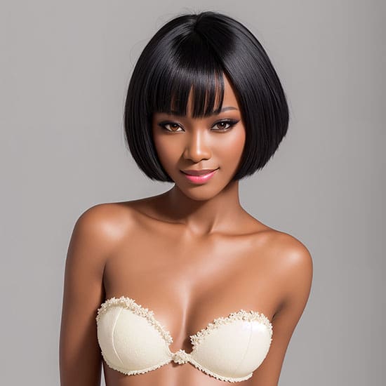 A woman with a short, sleek bob hairstyle and bangs is posing against a neutral background. She is wearing a strapless, cream-colored top with lace detailing. She has a confident expression and is looking directly at the camera.