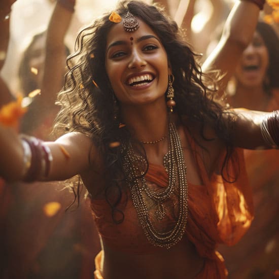 A woman with long curly hair, adorned in traditional jewelry and orange attire, smiles joyfully with her arms raised. She is surrounded by people dancing, and orange petals are falling around. The atmosphere is festive and vibrant.