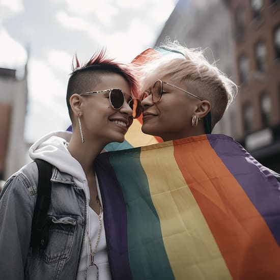 Two people with short, stylish haircuts and sunglasses smile warmly at each other while wrapped together in a rainbow flag. They stand outdoors on a sunny day, with buildings in the background.