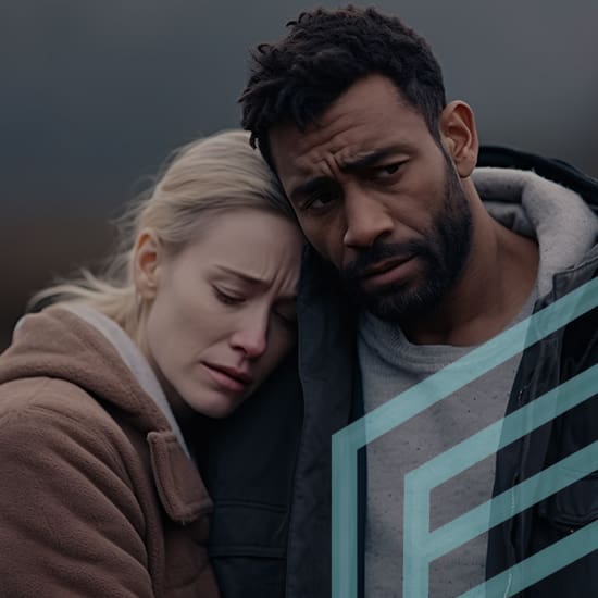 A woman with blonde hair wearing a brown coat rests her head on the shoulder of a bearded man with dark curly hair. The man looks pensive and both appear outdoors against a moody background. Diagonal blue lines overlay part of the image.