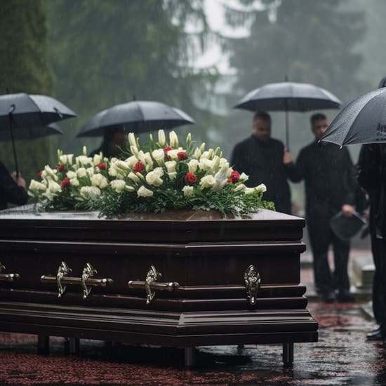 A funeral scene under a grey, rainy sky. Several mourners in black attire hold umbrellas and stand around a closed, polished wooden casket adorned with a floral arrangement of white roses and red flowers. The background features blurred green trees.