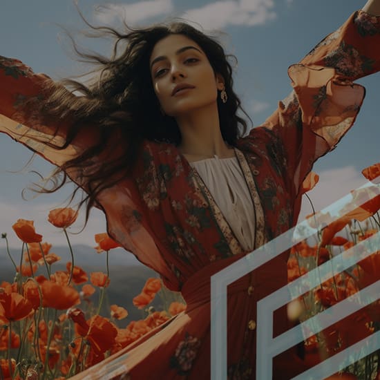 A woman with long flowing hair stands with her arms outstretched in a field of vibrant orange poppies. She is wearing a red, floral-patterned dress that flows in the breeze. The sky above is clear with soft clouds, and there is a geometric design partially overlaying the image.