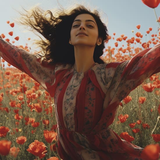 A woman joyfully spreads her arms wide, her dark hair flowing in the breeze. She stands in a field of vibrant red poppies under a sunny blue sky. She wears a flowing dress with red and white patterns, creating a harmonious connection with the flowers around her.