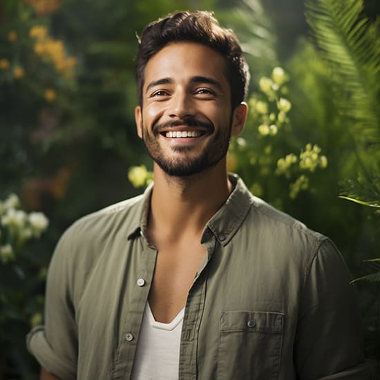 A man with a beard and short hair smiles broadly while standing in a lush, green garden. He is wearing a light green button-up shirt over a white t-shirt. The background is filled with greenery and softly blurred flowers.