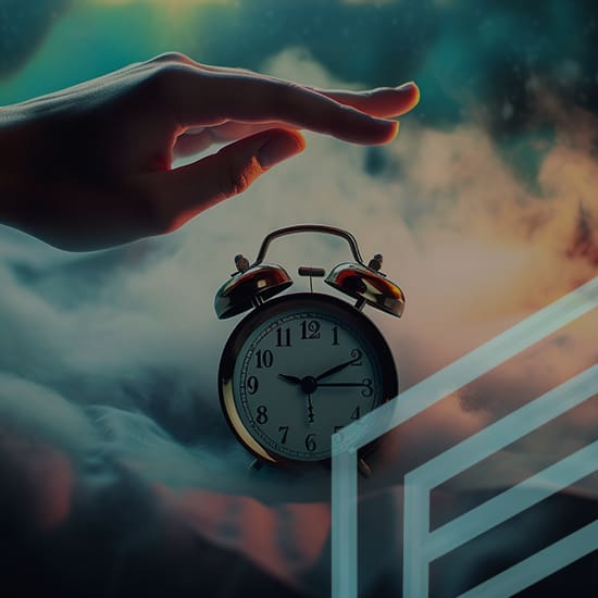 A hand reaches out to touch a classic twin-bell alarm clock displaying a time of 7:00. The clock is set against a dreamy, cloud-like background with soft, colorful lighting that creates a surreal atmosphere. Geometric lines overlay the scene.