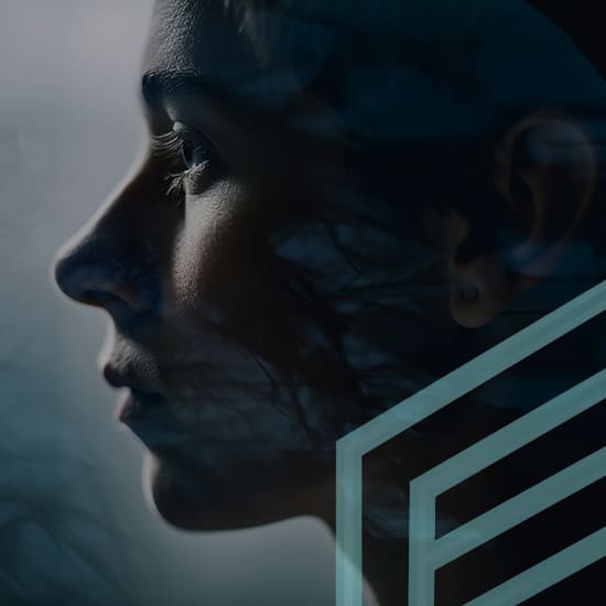 A profile view of a person's face is superimposed with abstract, geometric shapes and a dark, forest-like texture. The image has a surreal, dreamlike quality with a mix of natural and synthesized elements.