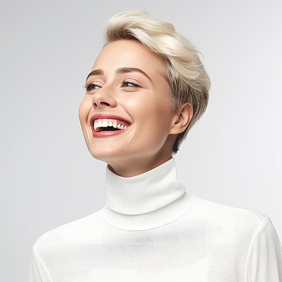 A person with short blonde hair smiles broadly, looking off to the side. They are wearing a high-neck white top and appear against a plain light gray background. The image exudes a sense of joy and confidence.