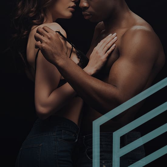 A close-up of a couple in an intimate embrace, set against a dark background. The woman, wearing a black bra and jeans, is touching the man's chest. The man, shirtless and also in jeans, is gently holding her waist. Part of a geometric design overlays the image.