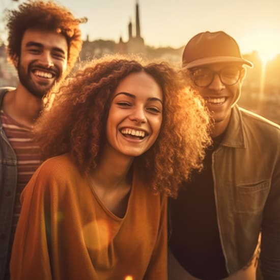 Three friends stand close together, smiling warmly at the camera during a sunset. The sun casts a golden glow, creating a cheerful atmosphere. The group appears relaxed and joyful, with the soft, blurred silhouette of a cityscape in the background.