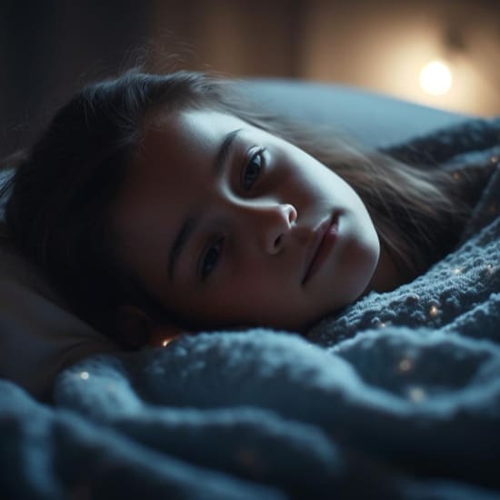 A young girl with long hair lies in bed under a cozy, textured blanket. The room is dimly lit with a warm, soft light, creating a calm and serene atmosphere. She gazes thoughtfully into the distance, appearing relaxed and contemplative.