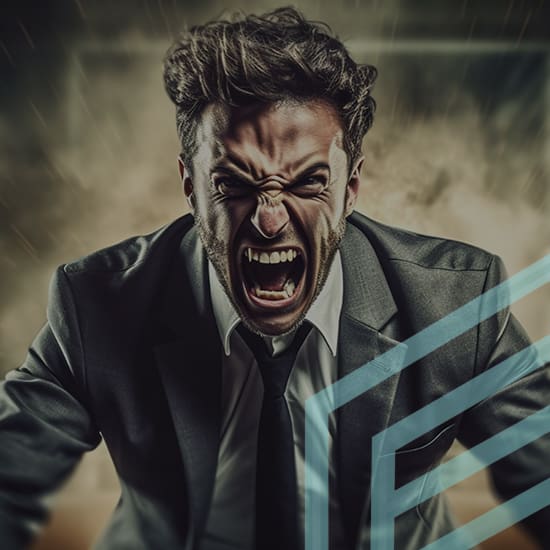 A man in a suit yells angrily with an intense expression. The background is blurry and suggests a dynamic, possibly chaotic atmosphere. There are abstract geometric shapes overlaid on the right side of the image.