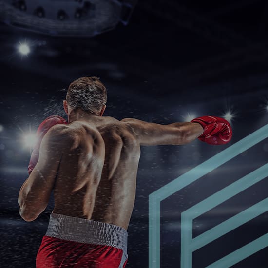 A male boxer, wearing red gloves and red shorts with a white waistband, is photographed from behind as he throws a punch. The scene is illuminated by multiple bright lights, with a geometric design faintly visible on the right side of the image.
