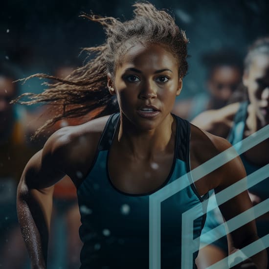 A female athlete with braided hair is running in a race, looking focused and determined. She is wearing a sleeveless athletic top. Other runners are visible in the background, slightly out of focus. The image appears vibrant and dynamic.