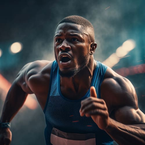 A determined sprinter in a blue tank top charges forward on a track, muscles flexed and face showing intense focus. The background is blurred, emphasizing the motion and speed of the athlete.