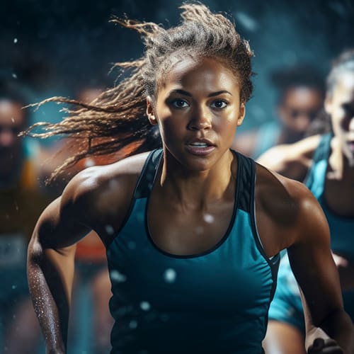 A determined runner with braided hair and wearing a blue tank top focuses straight ahead as she runs in a race. Several other runners are visible in the background. The scene has a dynamic, energetic feel with motion and intensity.