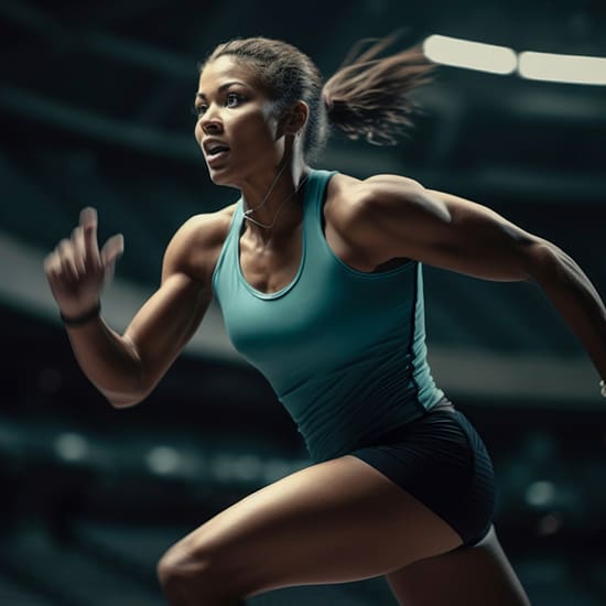 A determined athlete with a ponytail runs intensely in a well-lit indoor stadium. She wears a teal tank top and black shorts, showcasing her muscular build and focused expression. The background is blurred, emphasizing her speed and concentration.