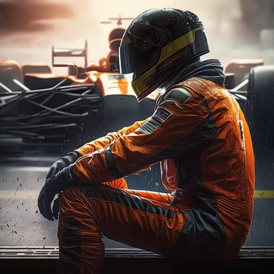 A race car driver in an orange and black racing suit and helmet sits thoughtfully on the edge of a pit lane, with a sleek, high-speed Formula 1 car faded in the background. The scene is dramatically lit, capturing an intense, reflective moment before a race.