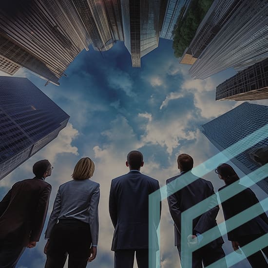 Five people in business attire are standing and looking up at a circle of skyscrapers against a blue sky with clouds. The buildings form a circular pattern, giving a sense of height and perspective. A faint geometric design is superimposed in the lower right corner.