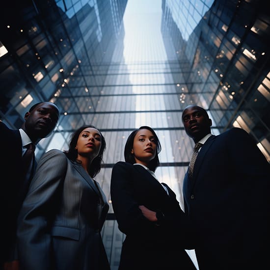 A group of four people in business attire stand confidently with tall glass skyscrapers above them. The angle of the photo is from below, emphasizing the height of the buildings and the group's professional demeanor. The sky is partly visible, creating a dramatic effect.