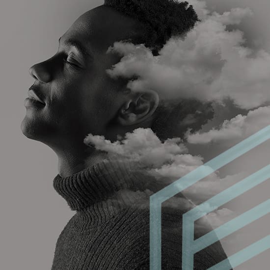 A monochromatic image shows a person with closed eyes and a peaceful expression. The person's head is merged with clouds, creating a surreal, dreamlike effect. They are wearing a turtleneck sweater, and geometric shapes are faintly visible in the foreground.