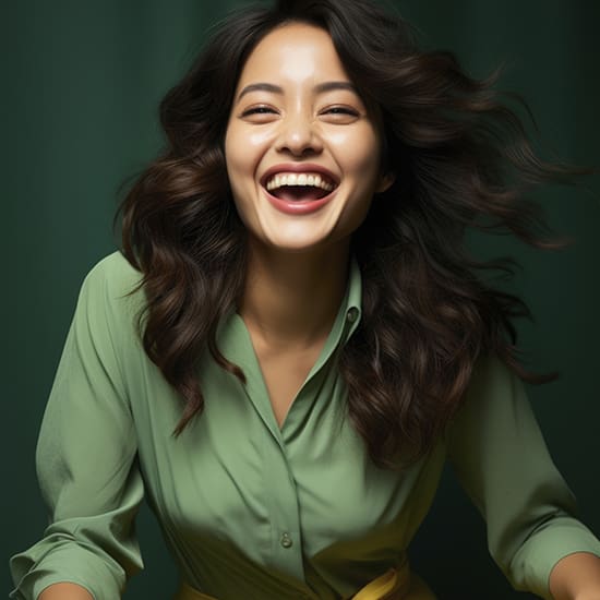 A joyous woman with wavy dark hair laughs energetically. She wears a light green blouse and a yellow belt, standing against a dark green background. Her expression exudes happiness and vivacity.