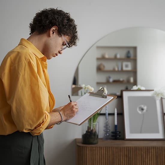 A person with curly hair, wearing glasses and a yellow shirt, is writing on a clipboard. They stand in a room with a round wall mirror, shelves, and framed art on a wooden cabinet. The background includes decorative items such as candles and plants.