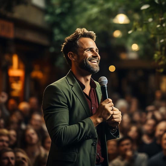 A smiling man with a beard, wearing a green blazer and holding a microphone, stands in front of a blurred crowd. He appears to be speaking or performing in an outdoor setting with soft-focus greenery and lights in the background.
