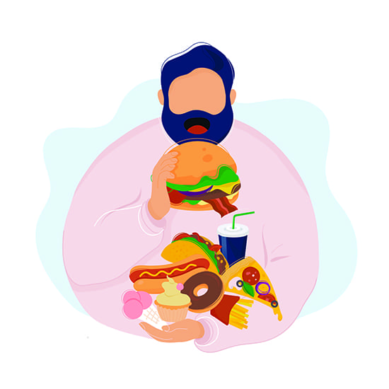 Illustration of a bearded person wearing a pink shirt, holding a large burger and surrounded by an assortment of fast foods including a hot dog, pizza slice, fries, doughnuts, a cupcake, and a soda.