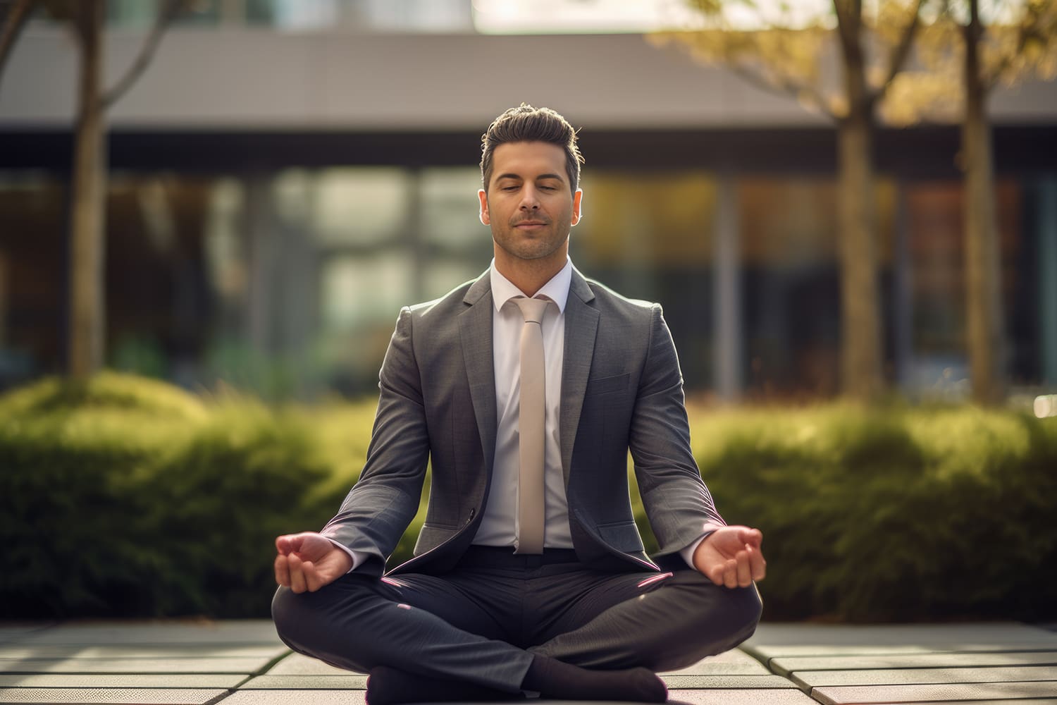 A man in a business suit sits cross-legged in a serene, outdoor setting with lush greenery and trees. He has his eyes closed and is meditating, with a calm and peaceful expression on his face. Sunlight filters through the leaves, adding a warm glow as he delves into hypnotherapy to achieve his goals faster.