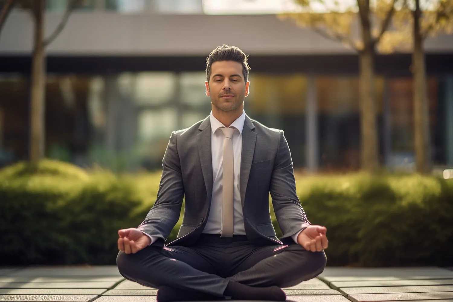 A business person meditating with a calm and peaceful background