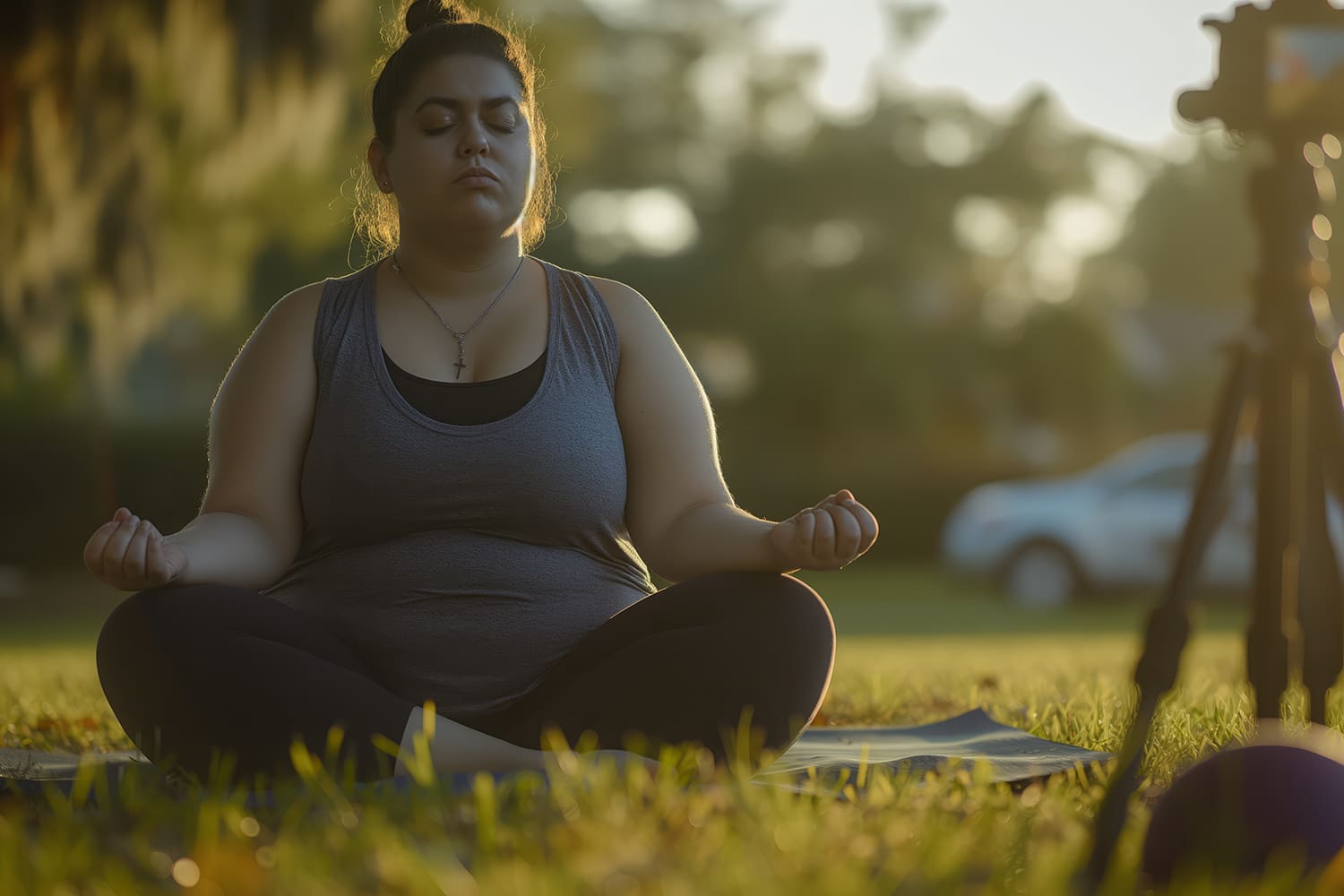 A person is meditating in a park during sunset, sitting cross-legged on a yoga mat with eyes closed and hands resting on the knees. In the background are trees and a parked car. A tripod is set up in front of the person to document their journey towards achieving their ideal body through mindful practice.