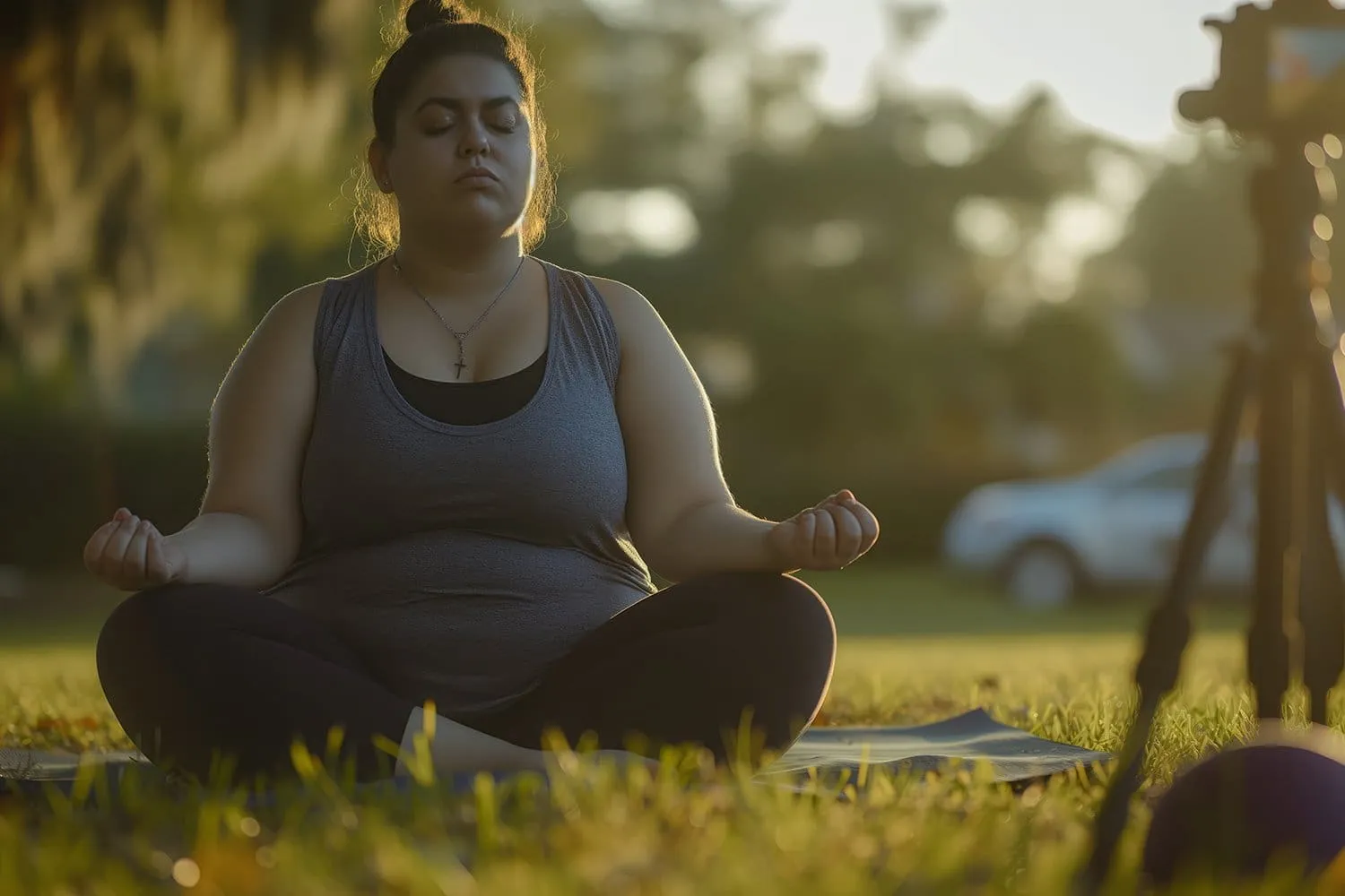 A overweight person meditating with a peaceful background symbolizing relaxation and calmness