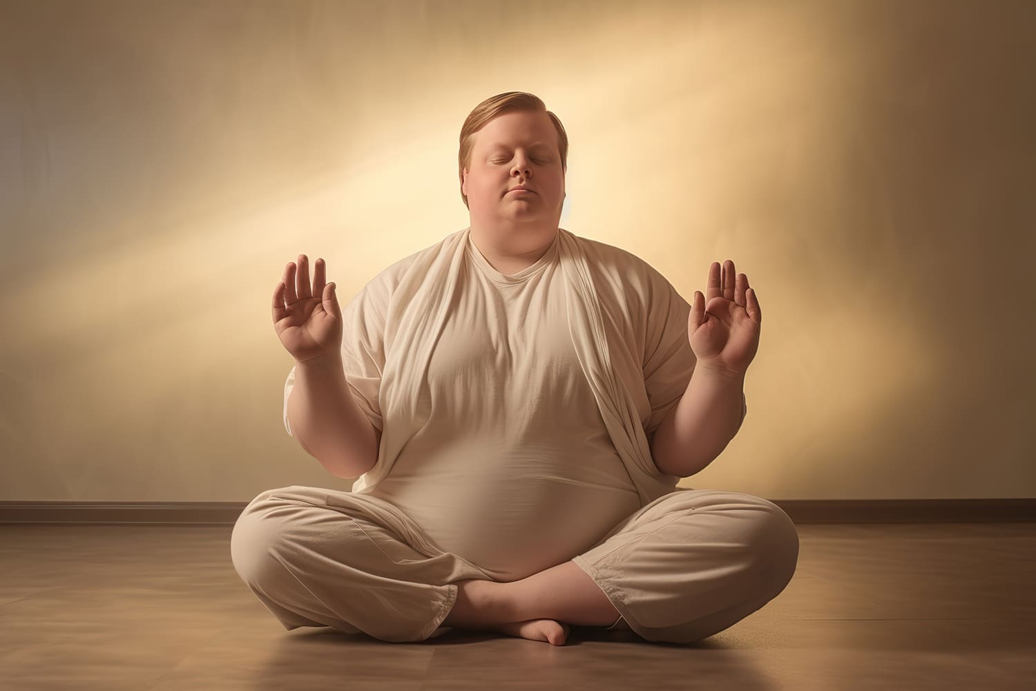 A person sits cross-legged on the floor, meditating with eyes closed and hands raised in a serene, graceful pose. The individual is dressed in cream-colored, loose-fitting attire. The background is softly illuminated with a warm, golden light, as though reprogramming your mind for a healthier you.