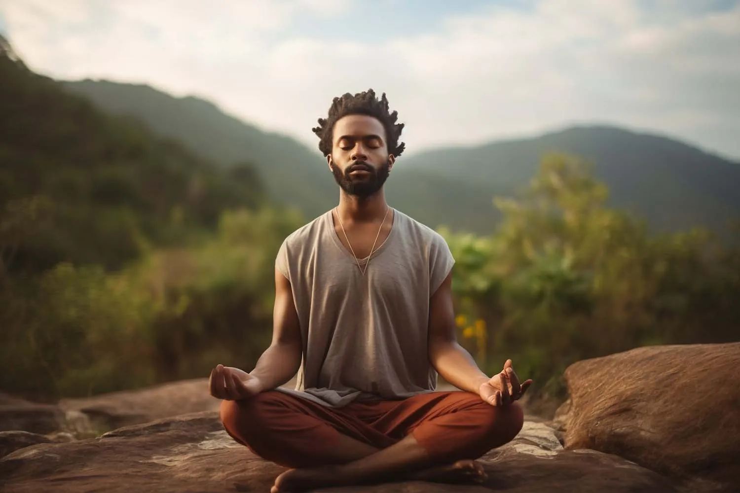 A person needing help meditating with a calm and peaceful background