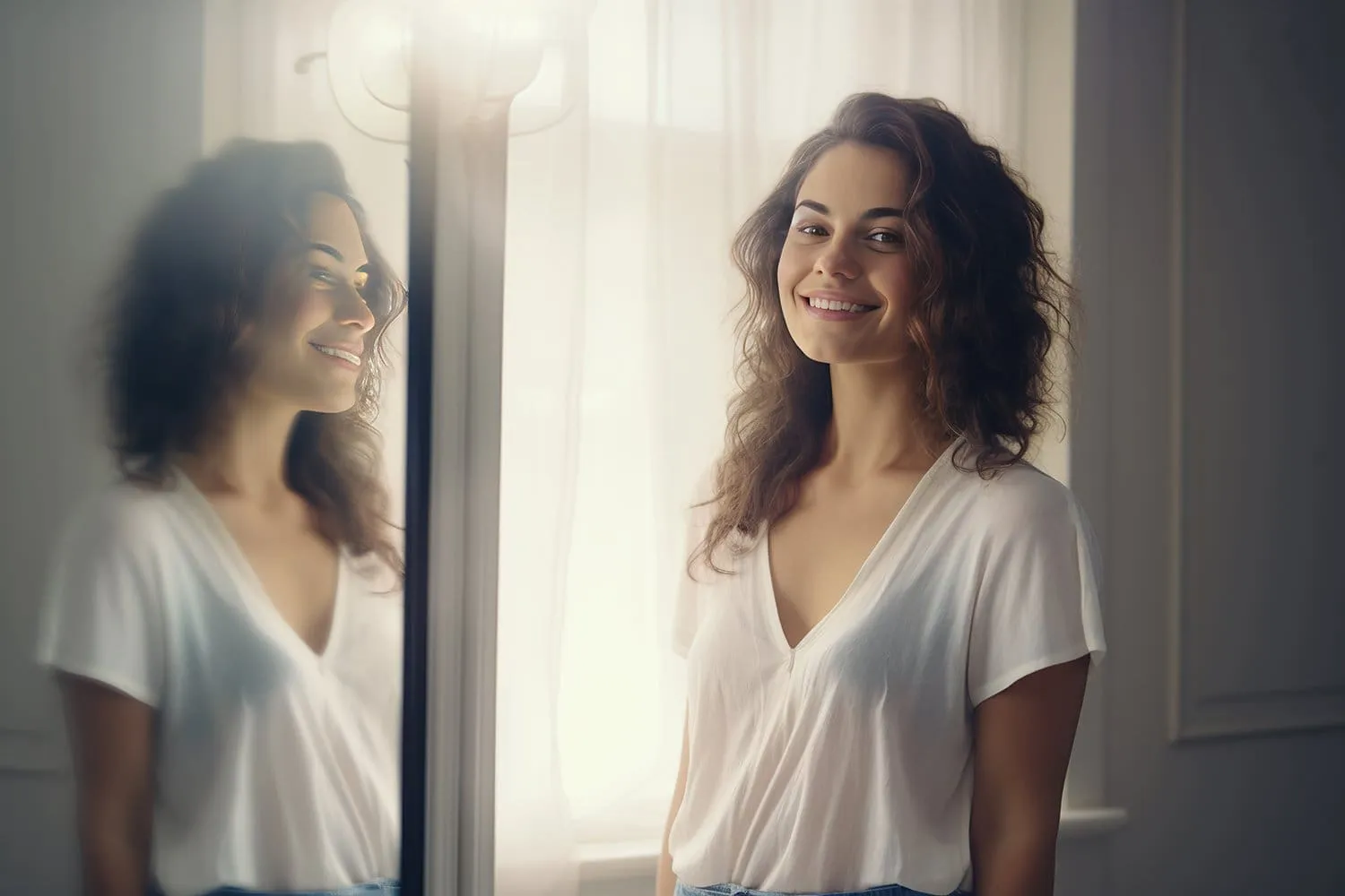 Unlock Your Mind: How Fat Loss Hypnotherapy Can Transform Your Weight Loss Journey 62 A person standing in front of a mirror smiling and confident with a subtle glow around their body