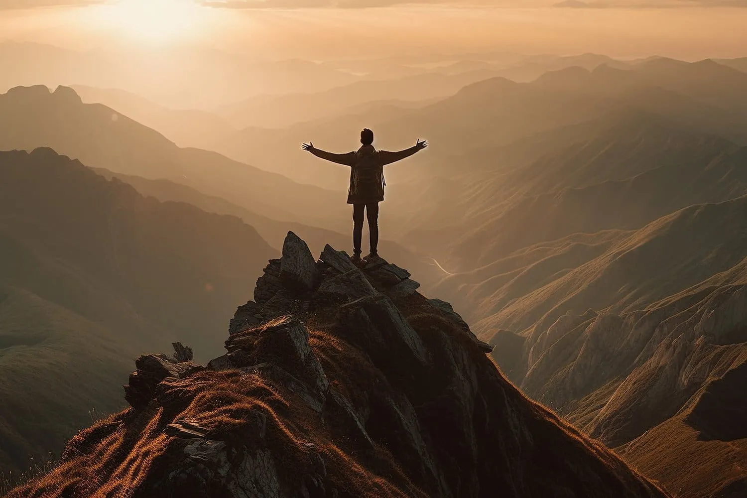 A person standing on a mountain representing achieving success