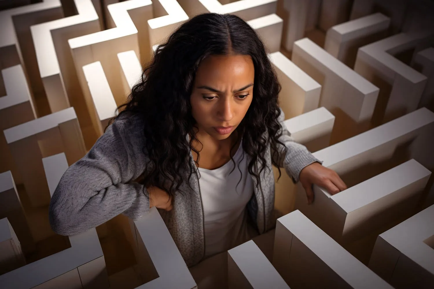 A person stuck in a maze representing feeling stuck and struggling to achieve goals