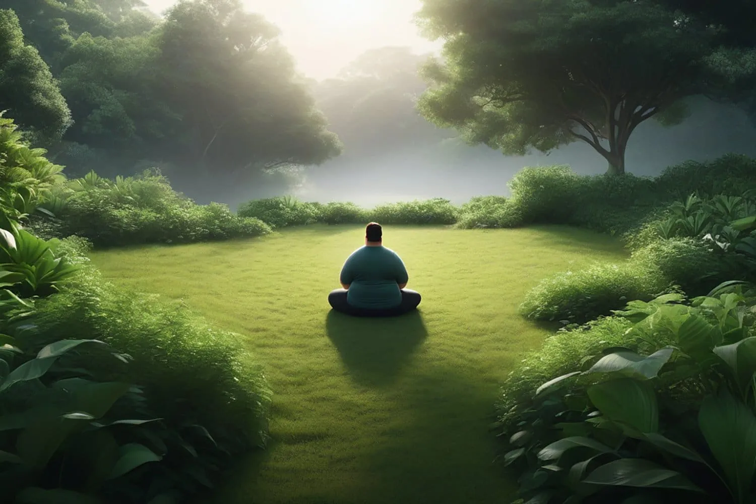 A serene and peaceful landscape with a person meditating in the distance surrounded by lush greenery and a subtle glow