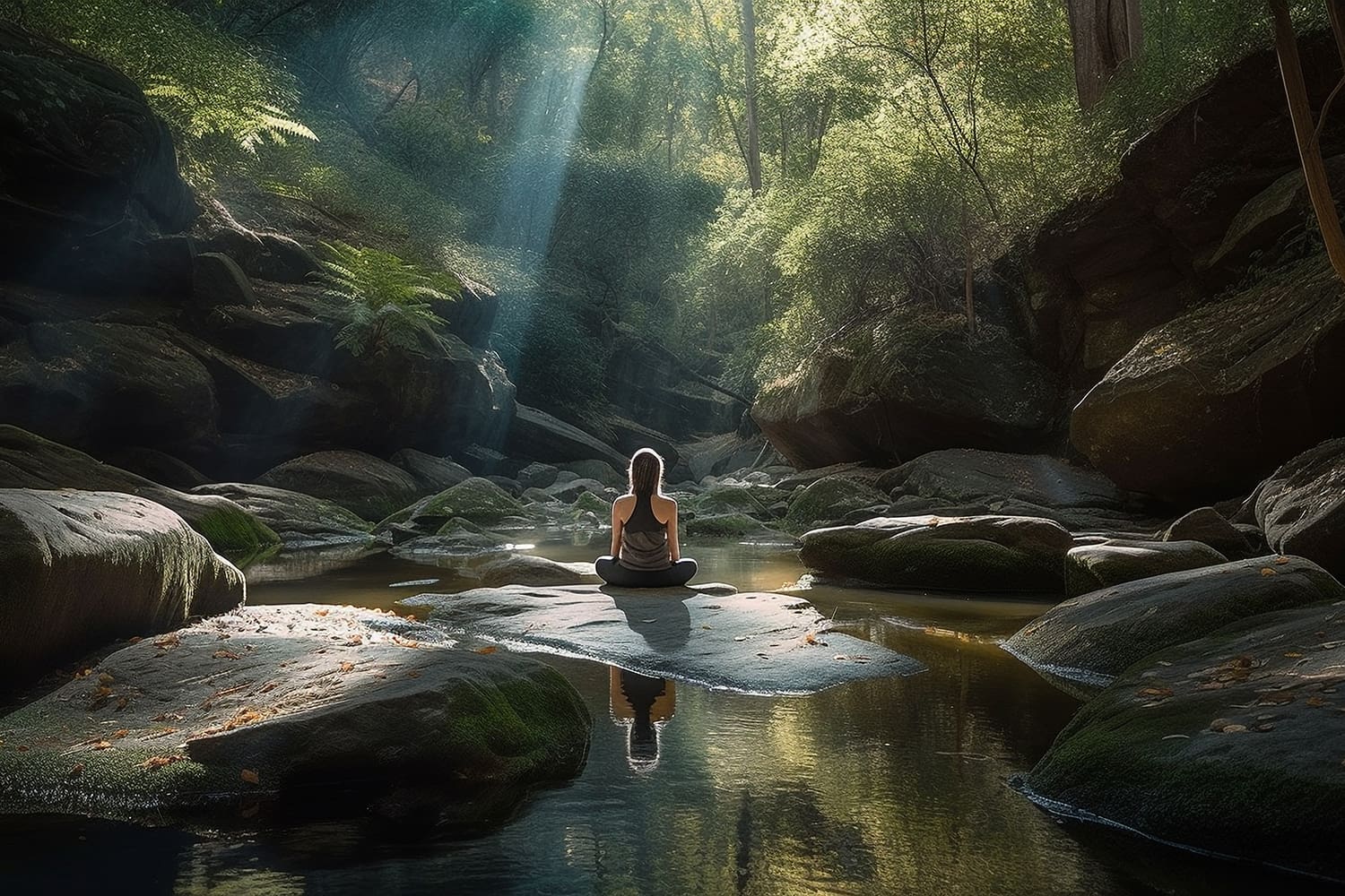 A person sits meditating on a rock in a serene forest stream, reflecting on personal growth. Sunlight filters through the dense canopy, casting rays of light across the peaceful scene. Large moss-covered rocks and lush greenery surround the area, creating a tranquil atmosphere.