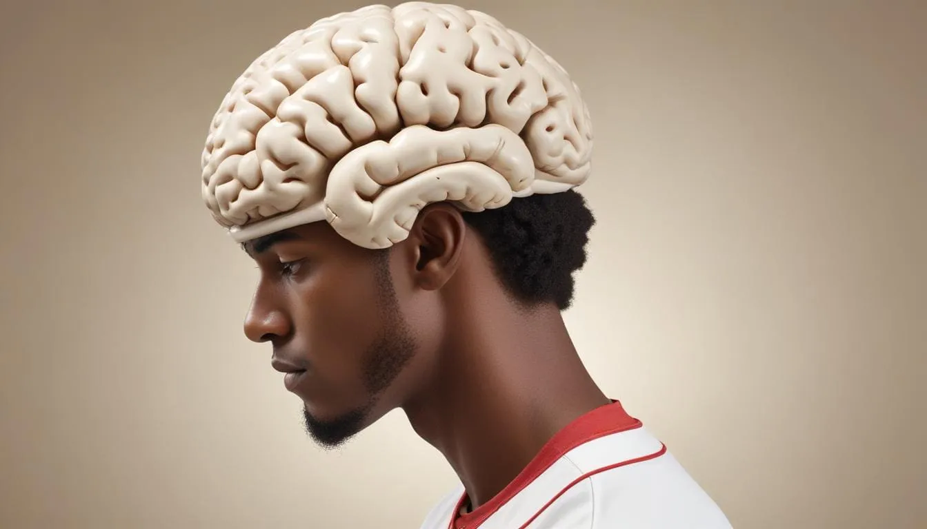 Side profile of a young man wearing a baseball jersey, shown with a realistic-looking model of a human brain positioned on top of his head, replacing his hair. The background is a neutral gradient, subtly hinting at the mental game crucial to peak baseball performance. A baseball player in a relaxed focused state with a subtle background image of a brain to represent the mental aspect of the game