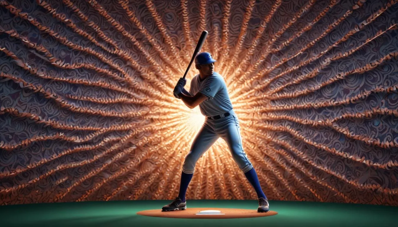 A baseball player, embodying peak performance, stands in a batting stance on a pitcher's mound. The background features a dramatic radial pattern with vibrant lighting that creates a dynamic halo effect behind the player, making him the focal point of the image. A baseball player in a relaxed state with a subtle background of a hypnotic pattern