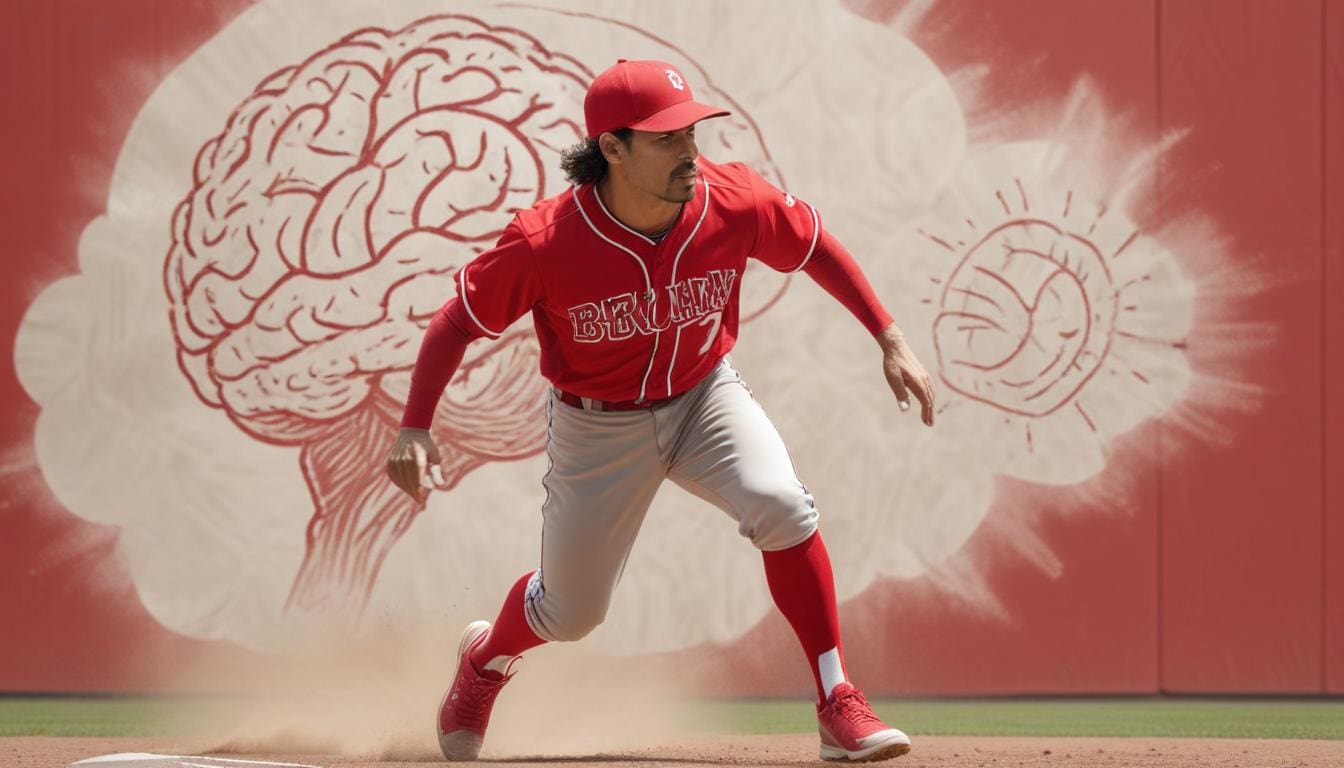 A baseball player wearing a red jersey and cap is running on a dirt field. The jersey has the word "Brains" written on it. In the background, there is a mural depicting a large brain and a spiral design on a red wall, emphasizing the importance of the mental game in baseball performance. Dust is visible around the player's feet.