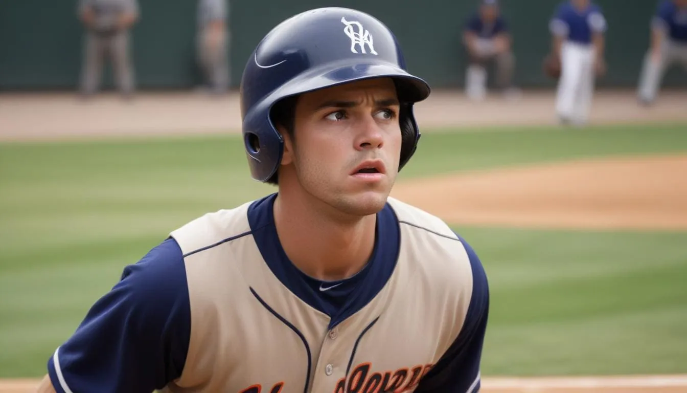 A baseball player wearing a navy blue helmet and a beige and blue uniform is intently focused on the mental game, looking upwards. He is on a baseball field, with the game in progress and other players visible in the background. A baseball player looking frustrated or anxious at the plate