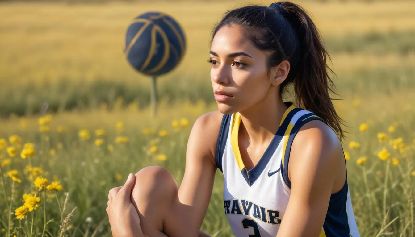 A young woman in a basketball jersey sits thoughtfully in a field of yellow flowers, her mind delving into the intricacies of the mental game. A basketball hovers in the background as the sun casts a warm glow over the scene, creating an atmosphere perfect for introspection. A basketball player in a hypnotic state with a peaceful background symbolizing relaxation and focus